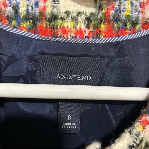 Lands’ End Red Blue Plaid Check Tweed Boucle Zip Front Blazer Fringe Fray Detail - Picture 10 of 11